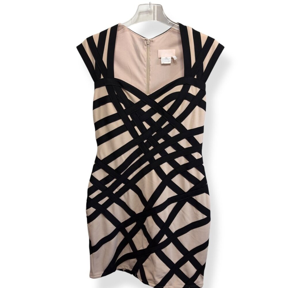 Chicas Black Beige Geometric Bandage Dress Sz L Y2K 90s Big Hair